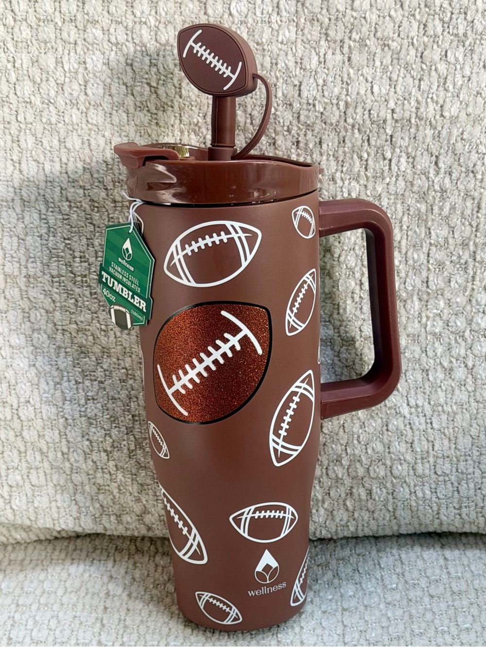 Wellness Stainless Steel Football Tumbler 40oz Brown Glitter Straw Flip Lid NWT
